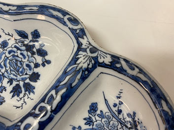 A lobed Dutch Delft blue and white spice dish with birds, late 17th C.